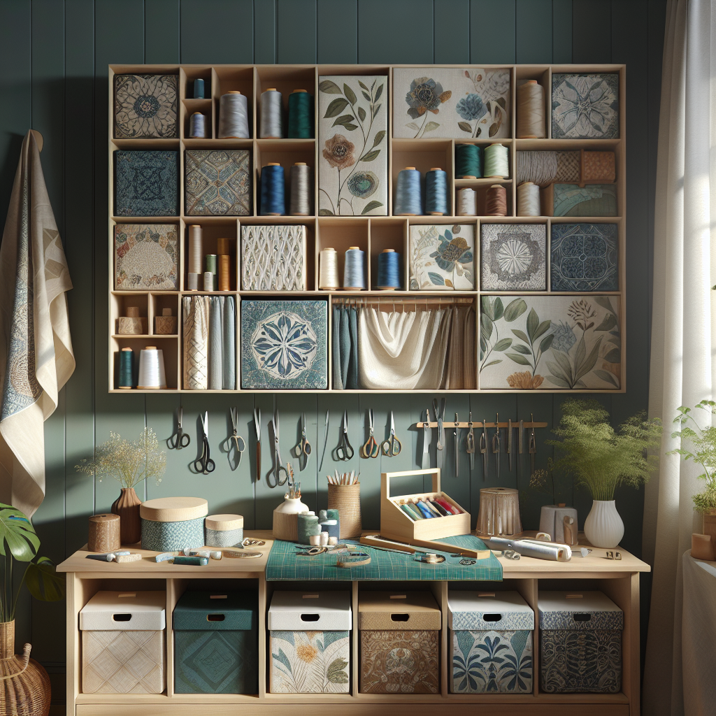 A beautifully organized home sewing space with fabric bins and hanging organizers.