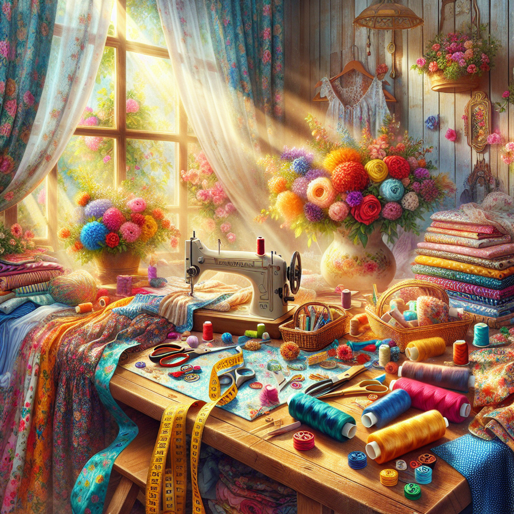A vibrant sewing scene with colorful fabrics and tools on a wooden table.