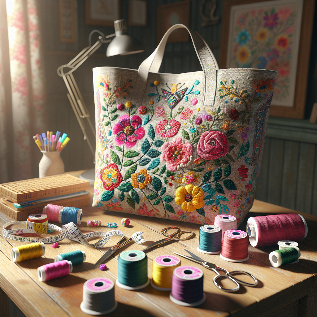 A DIY custom tote bag with vibrant floral patterns on a wooden table, surrounded by sewing materials.