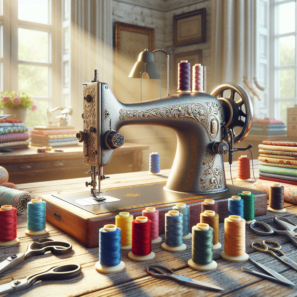 A cozy sewing workspace for beginners with a vintage sewing machine and colorful threads.