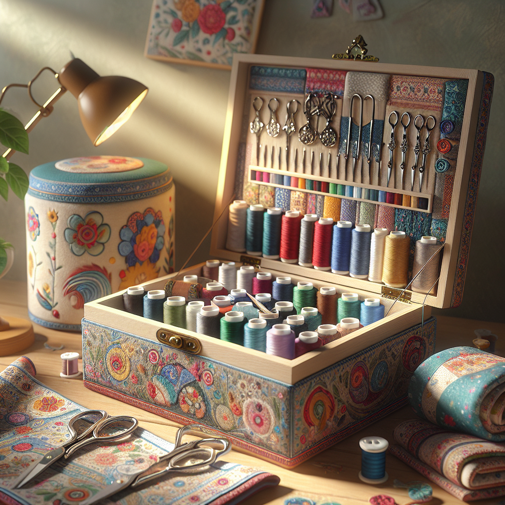 A beautifully arranged display of unique sewing gifts, including a sewing kit and a personalized fabric organizer.