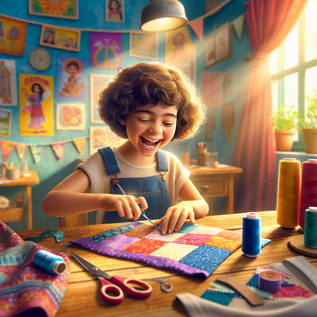 A child sewing a colorful tote bag at a wooden table with spools of thread and fabric around.