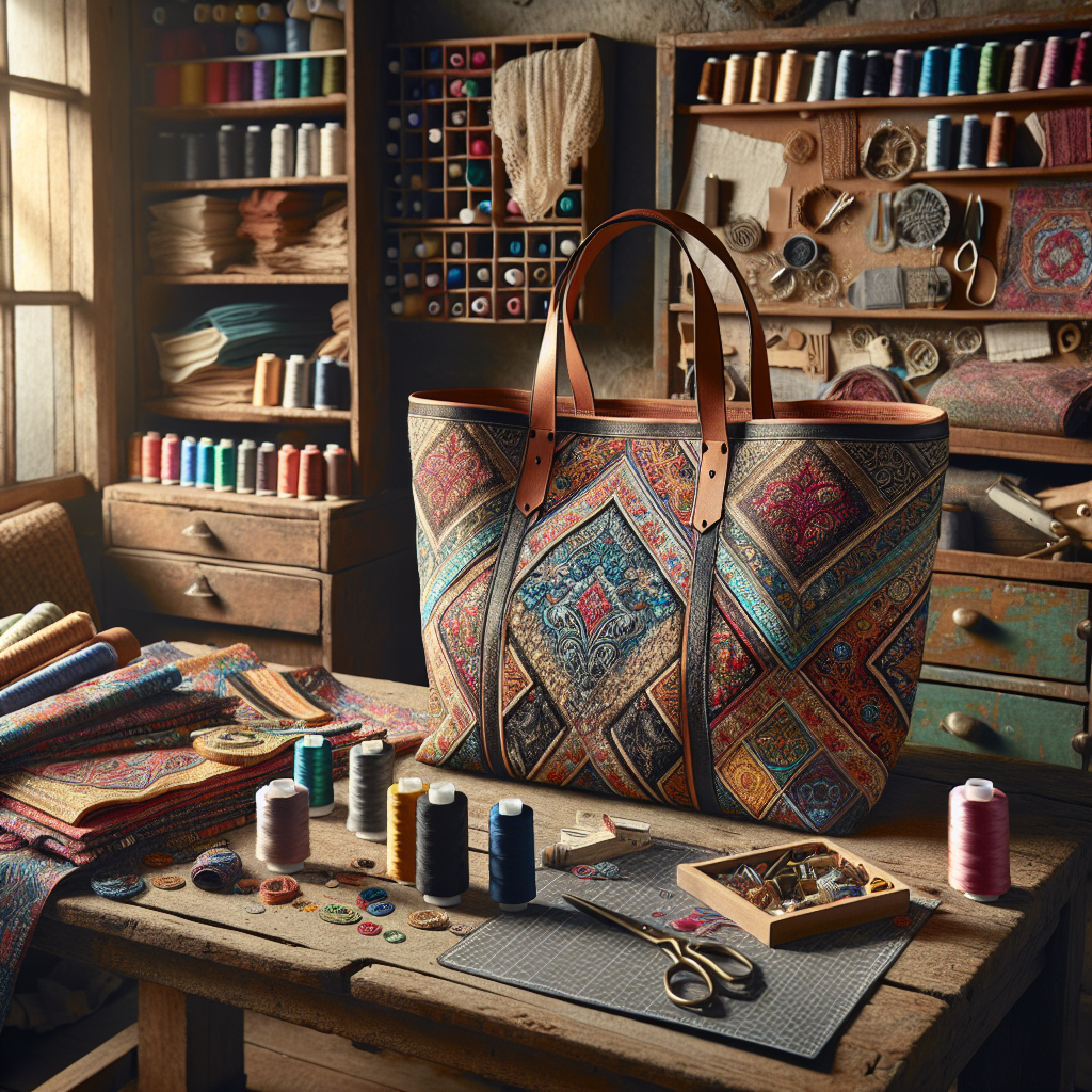 A well-designed custom tote bag surrounded by sewing supplies in a craft space.