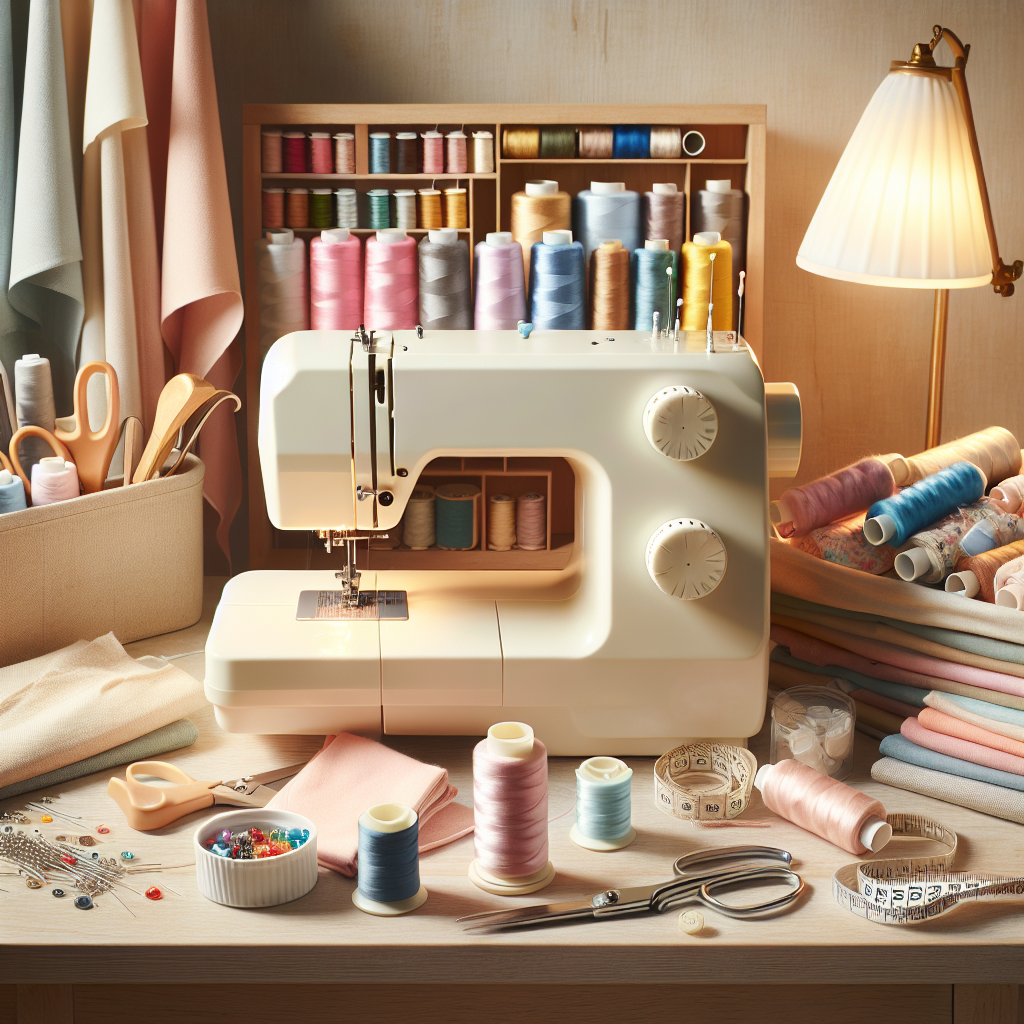 A well-organized sewing workspace with a sewing machine, colorful threads, and fabric pieces.