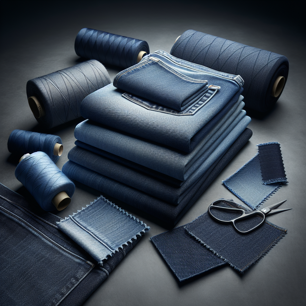 A collection of various denim fabrics, showcasing different weights and finishes.