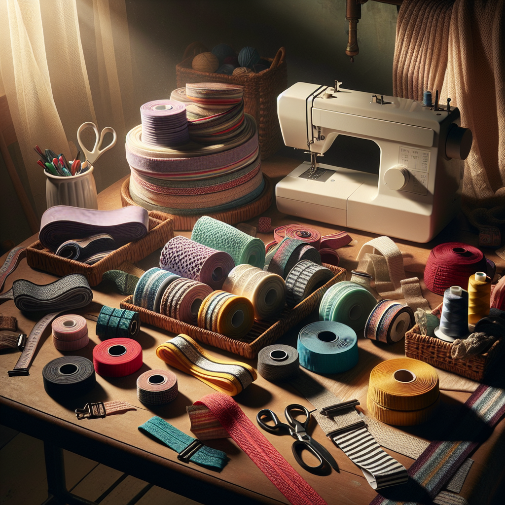 Various types of sewing elastic displayed on a sewing table with tools.