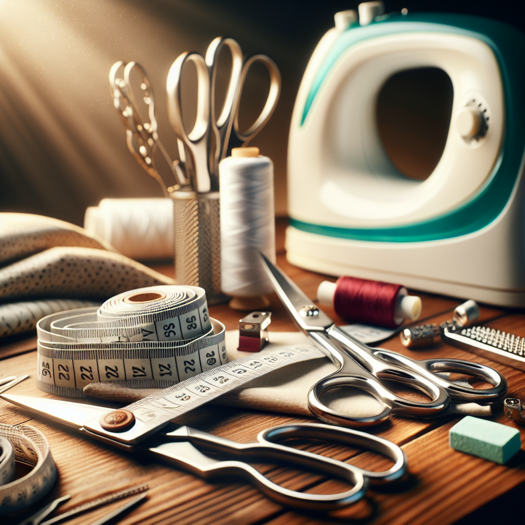 Essential sewing tools arranged on a wooden table, including a measuring tape, fabric scissors, seam ripper, tailor's chalk, and iron.