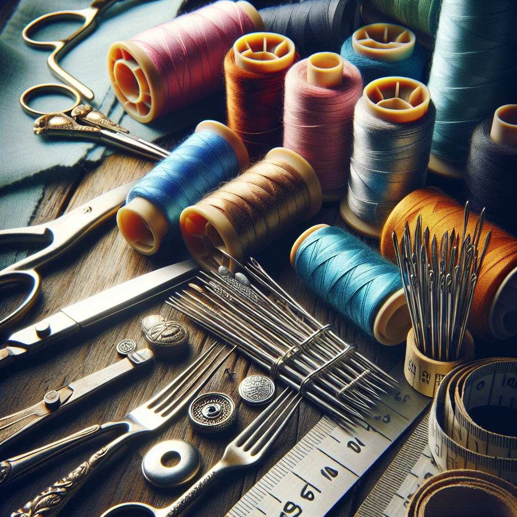 A collection of essential hand sewing tools including needles, thread, scissors, a thimble, measuring tape, and fabric markers on a wooden table.