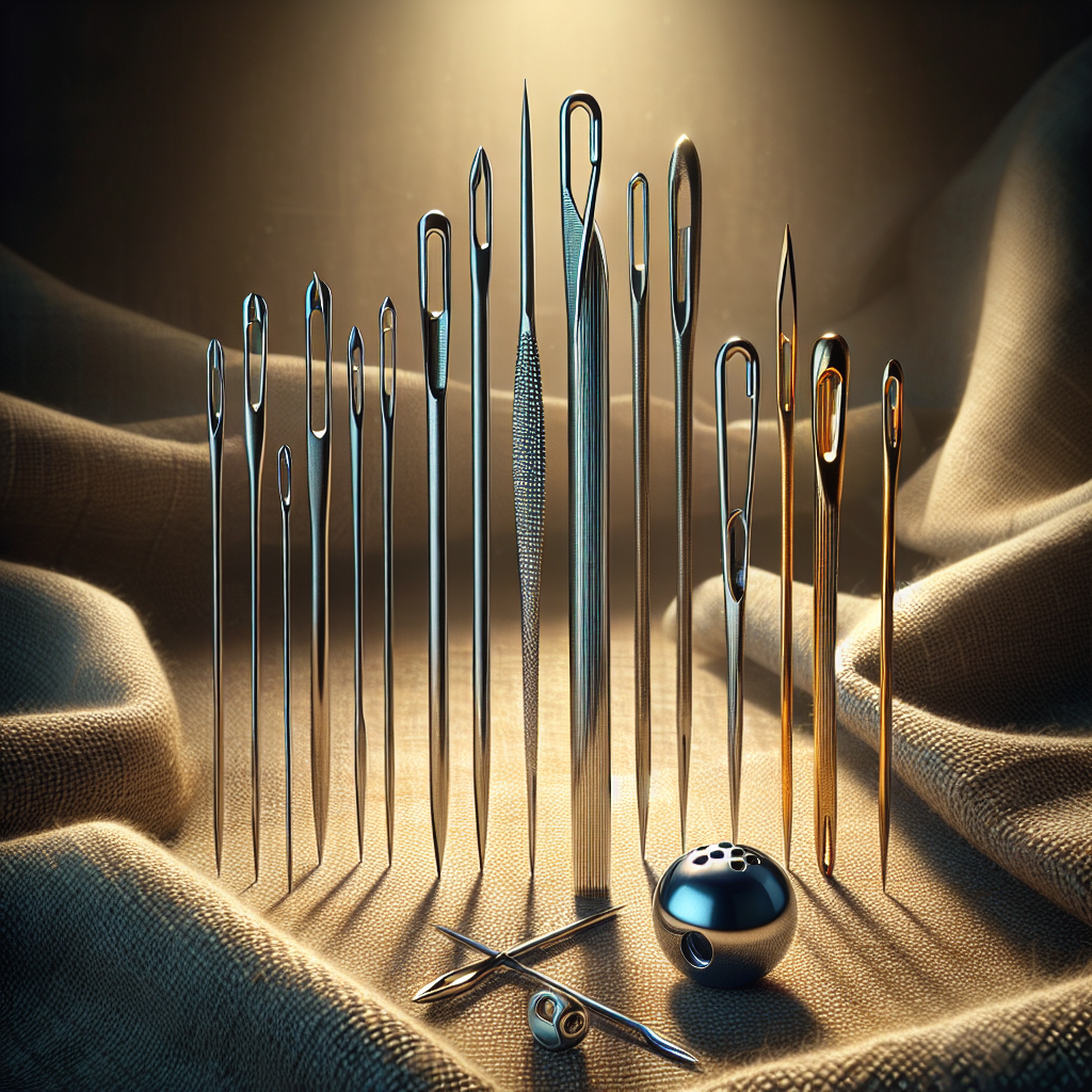 Various types of sewing needles displayed on a textured fabric background.