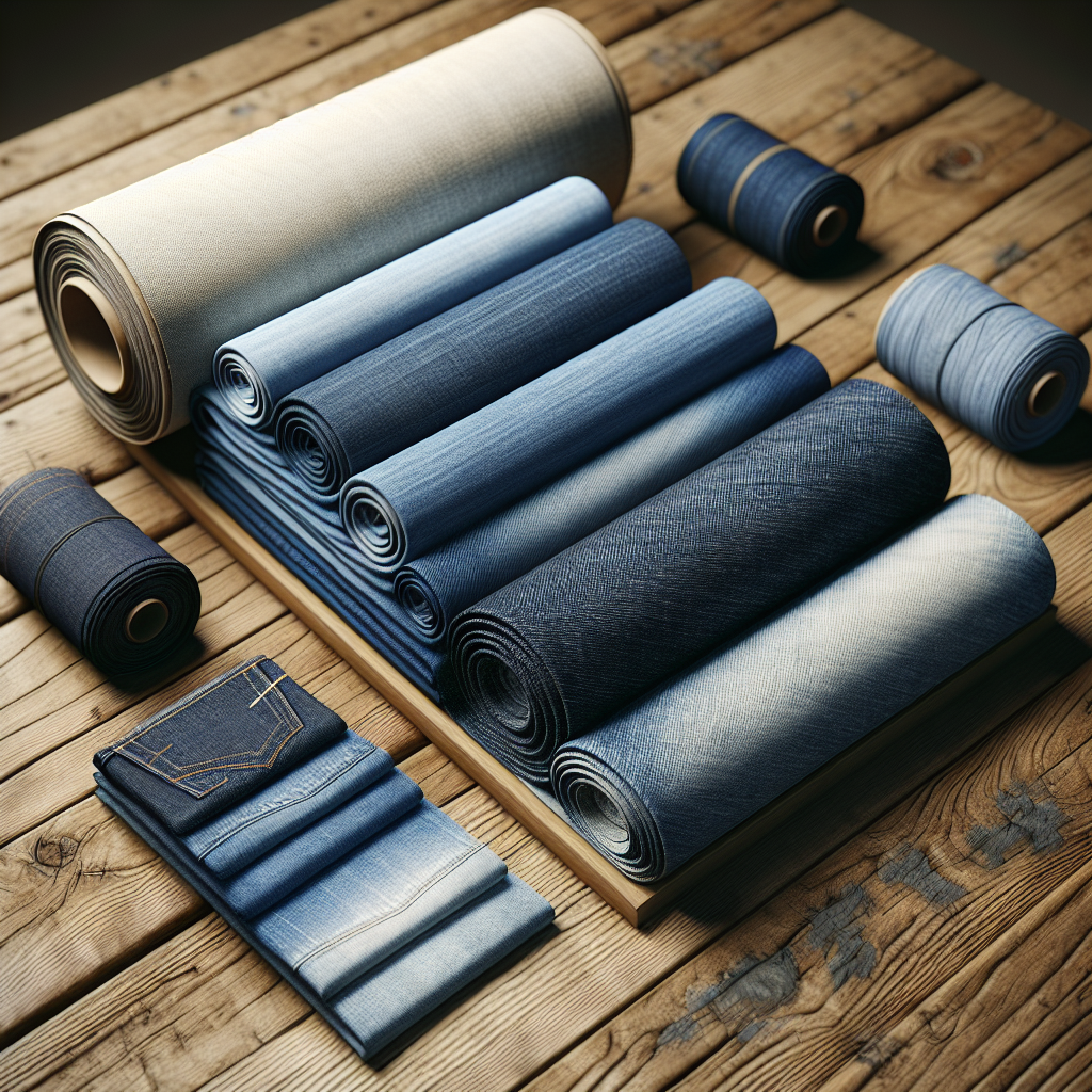 A variety of denim fabrics showing different weights and textures on a wooden table.