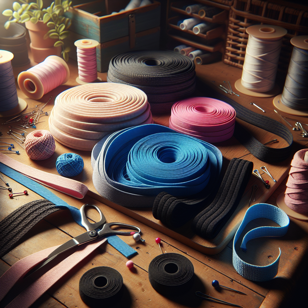 A sewing workspace with various types of elastic and sewing tools.