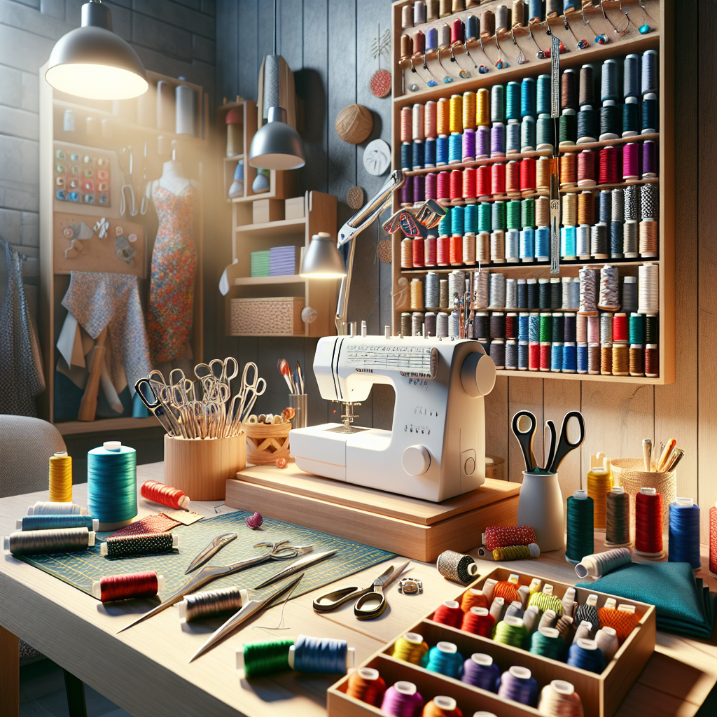 A well-organized sewing workspace with colorful tools and fabrics.