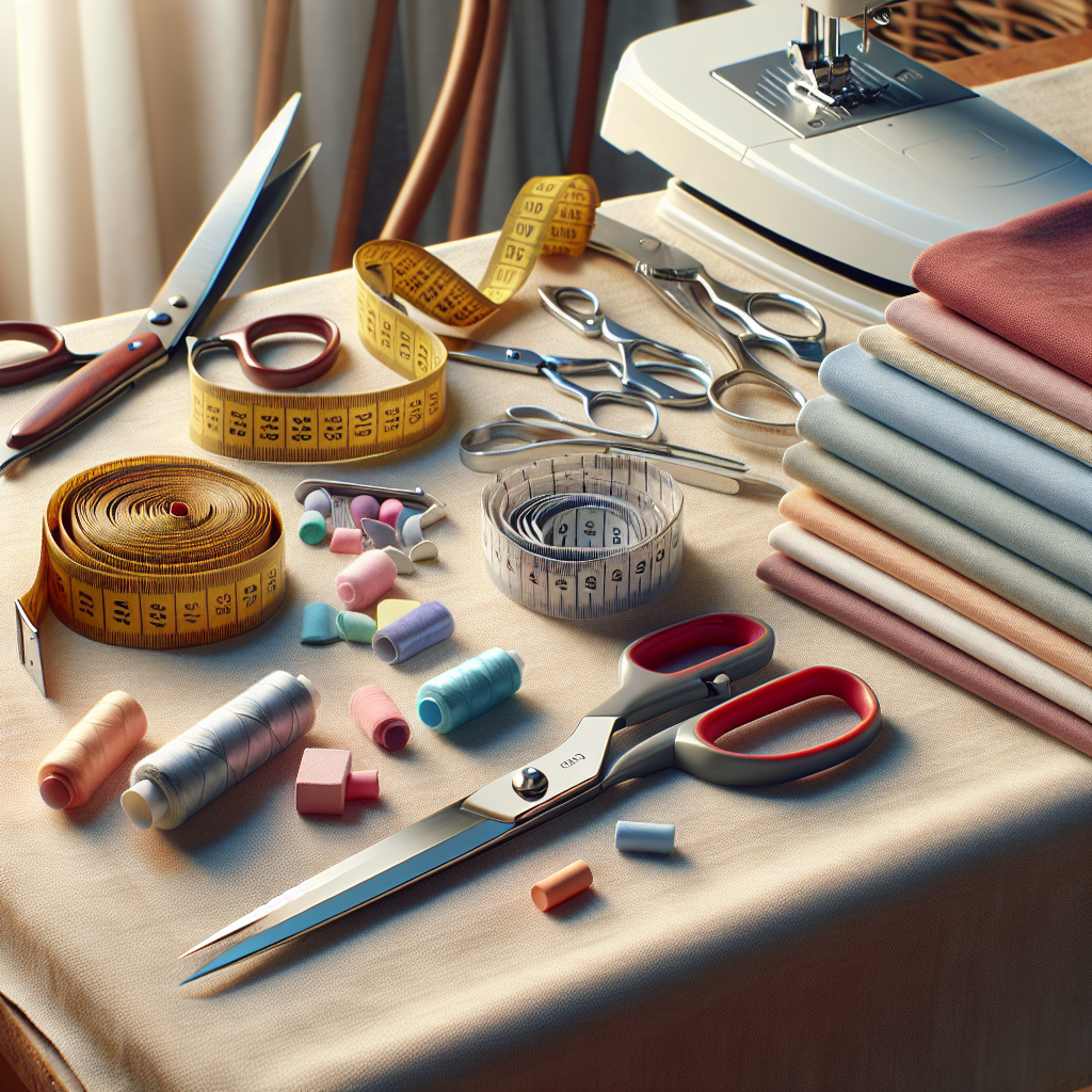 Essential sewing tools for hemming displayed on a workspace.