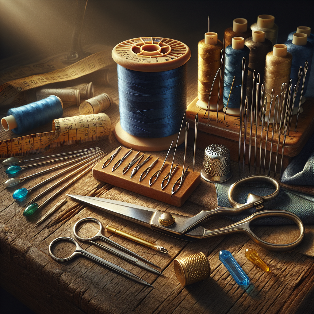 A collection of essential hand sewing tools on a wooden table.