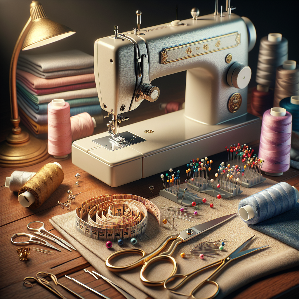 An assortment of essential sewing tools on a wooden tabletop, including a sewing machine, a measuring tape, scissors, and colorful fabric swatches.