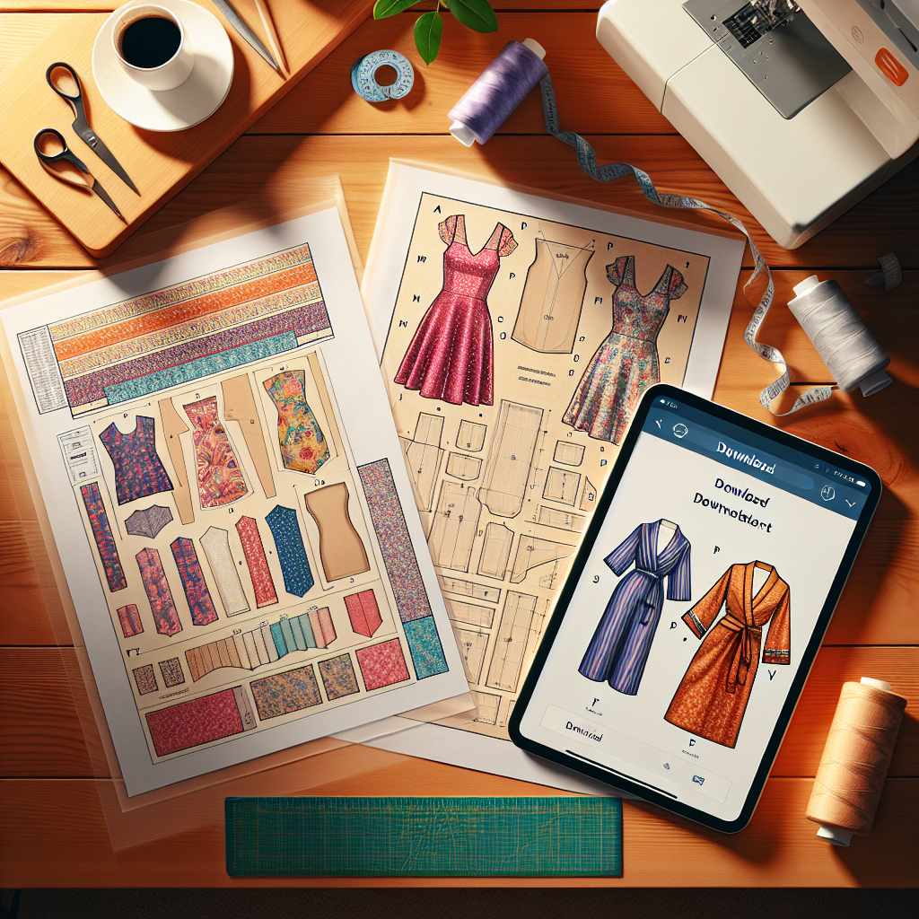 Three types of sewing patterns on a wooden sewing table: a commercial paper pattern, a PDF pattern, and a custom fabric pattern.