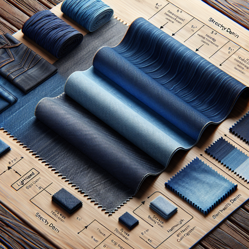 Different types of denim fabric including raw, light-washed, and stretchy denim laid out on a wooden table.