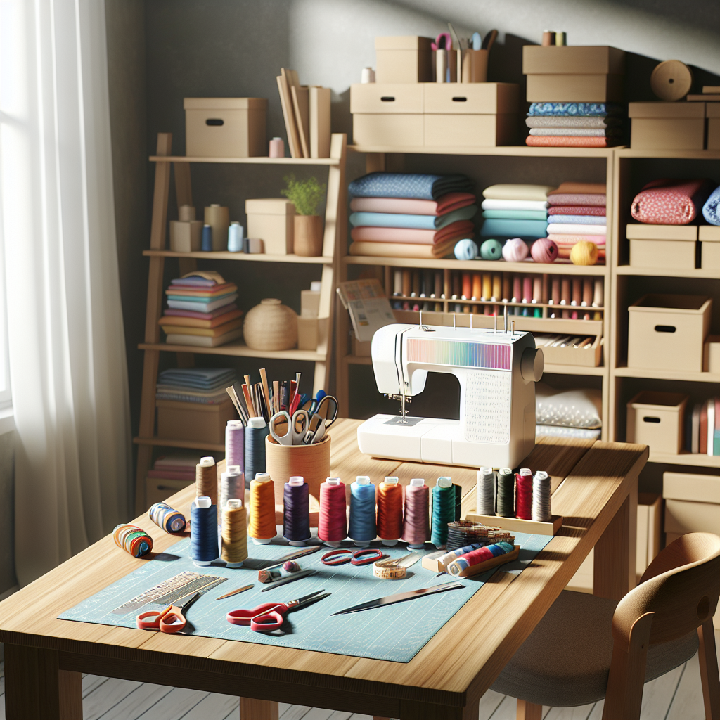 A well-organized sewing workspace with fabrics and tools.