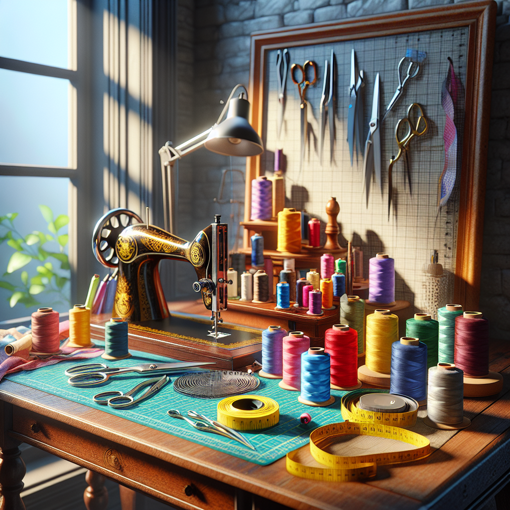 A meticulously organized sewing workspace with colorful tools.