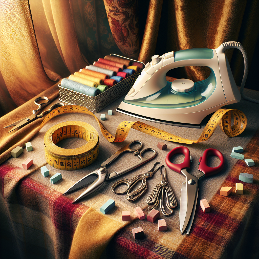 A collection of essential sewing tools including measuring tape, fabric scissors, seam ripper, tailor's chalk, and an iron.