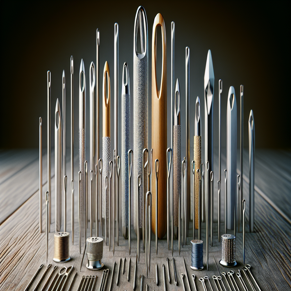 A variety of sewing needles displayed on a wooden table.