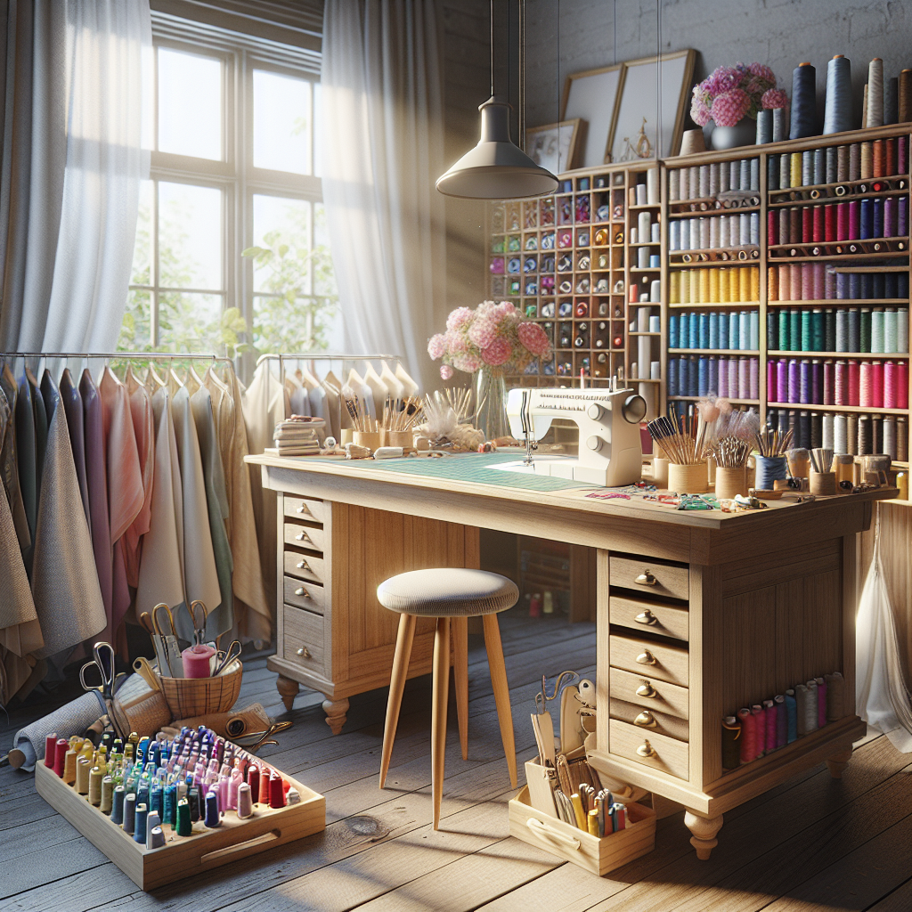 A neat sewing workspace with tools and colorful fabrics.