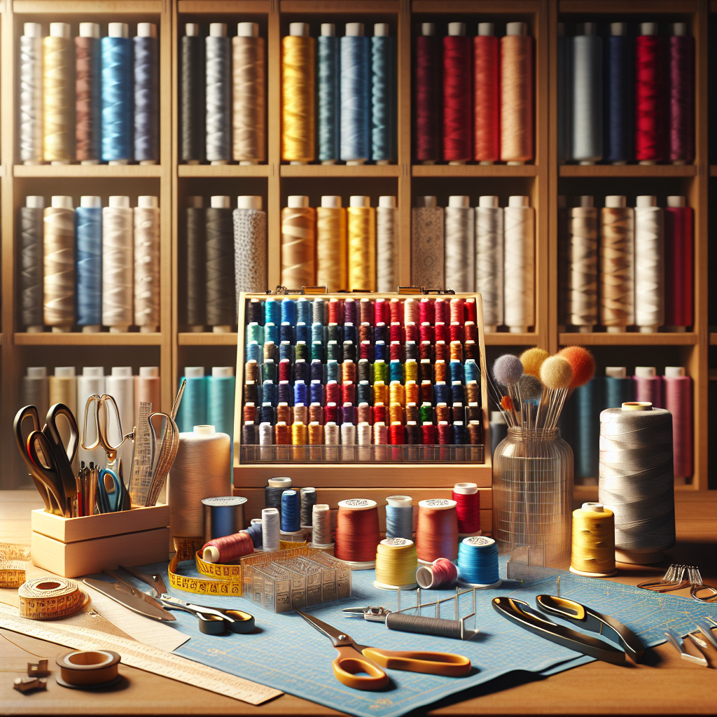 An organized sewing workspace with colorful sewing tools and fabric.