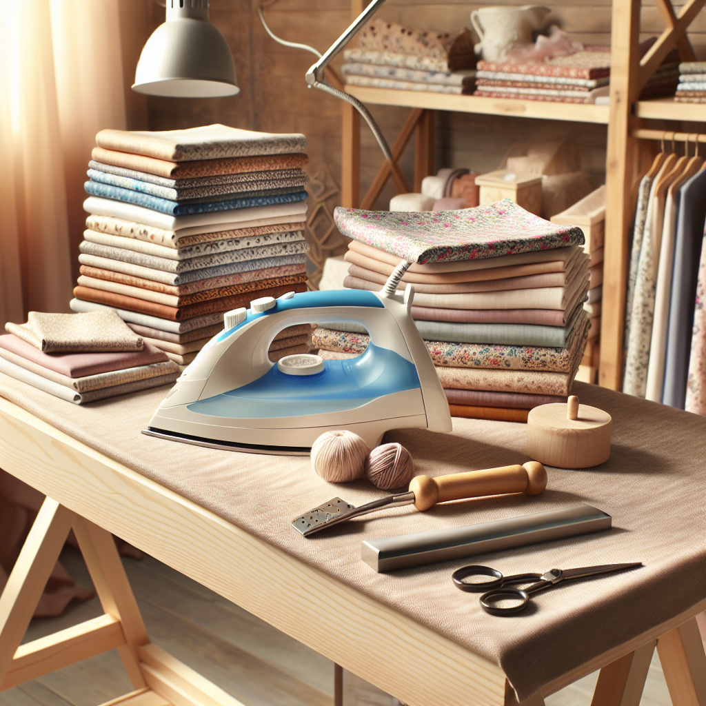 A well-organized sewing table with various pressing tools and colorful fabric swatches.