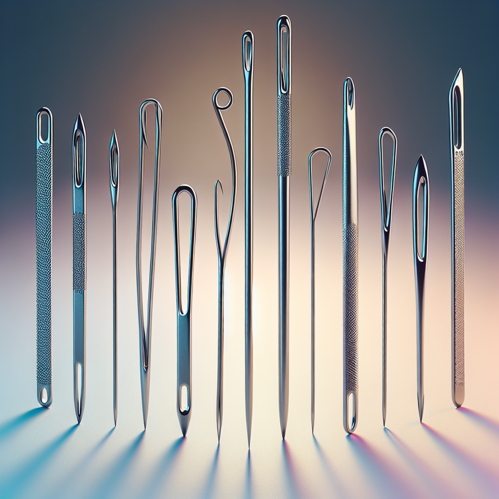 A collection of various types of sewing needles displayed on a soft background.