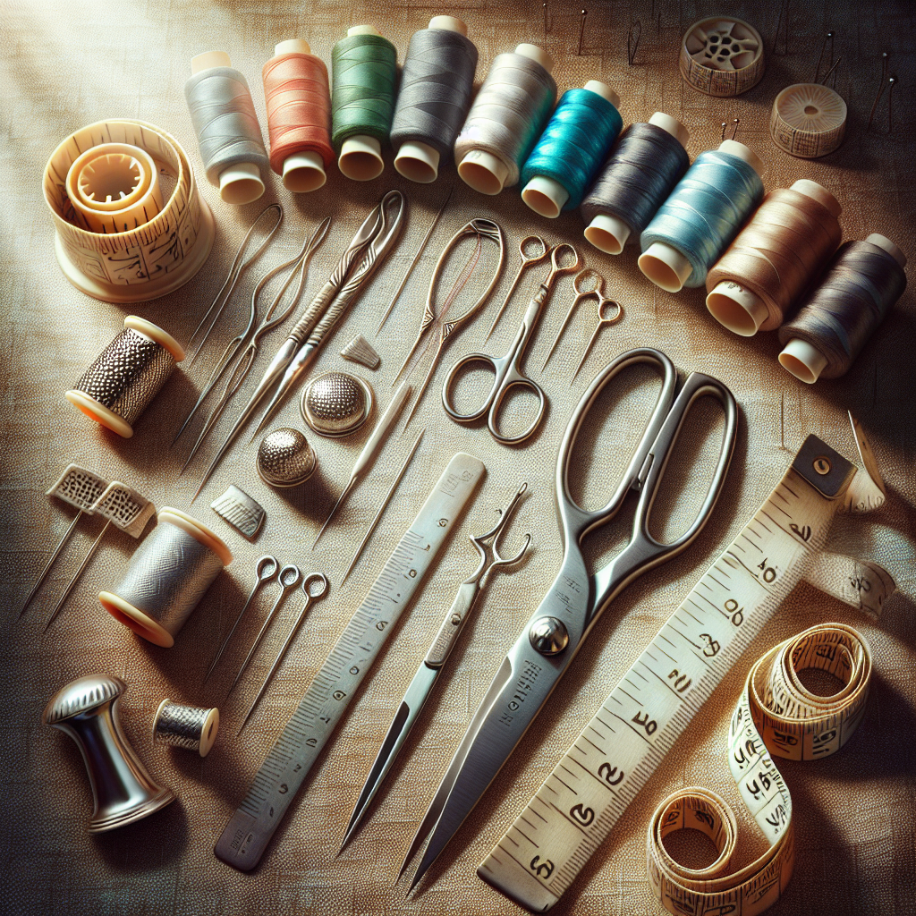 A collection of essential hand sewing tools including needles, thread, fabric scissors, thimble, and measuring tools arranged artistically.