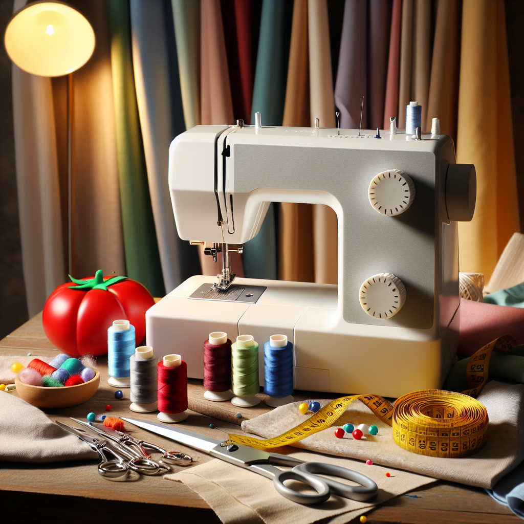 A sewing workspace with essential tools like a sewing machine, thread spools, scissors, and fabric.