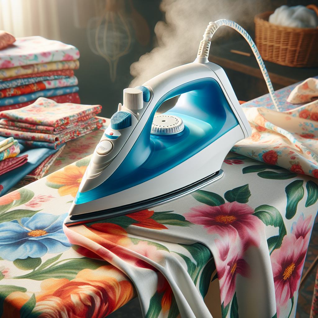 A traditional steam iron and colorful fabrics on an ironing board, illustrating sewing pressing techniques.