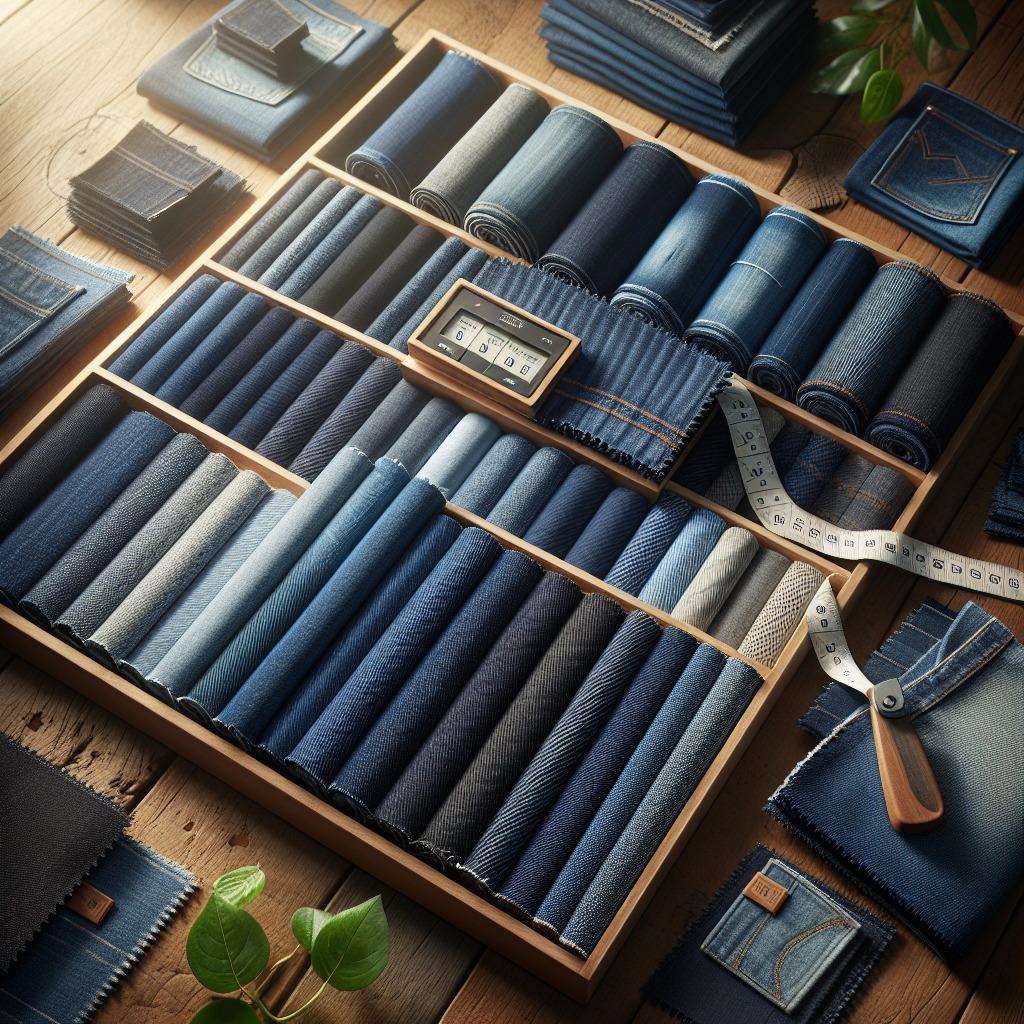 Variety of denim fabric swatches on a wooden table.