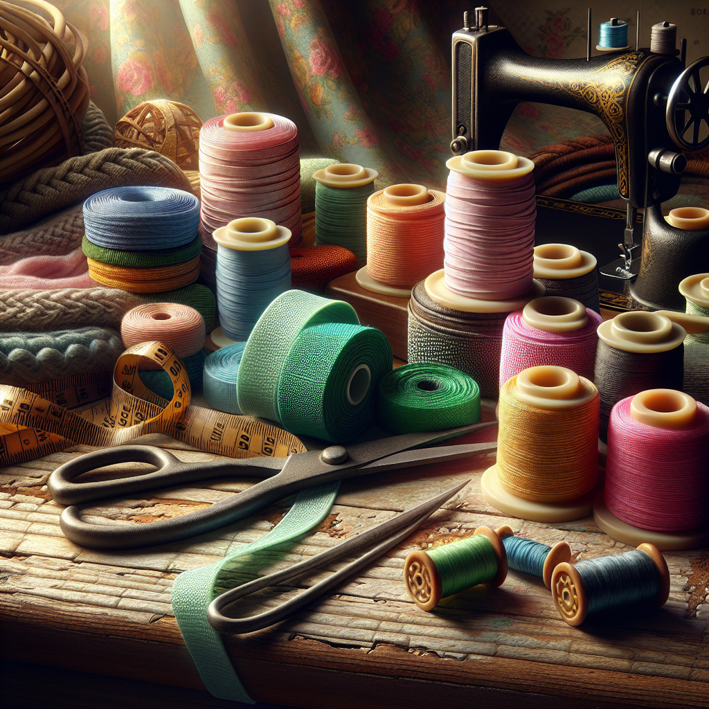 Various types of sewing elastic arranged on a wooden table with sewing tools.