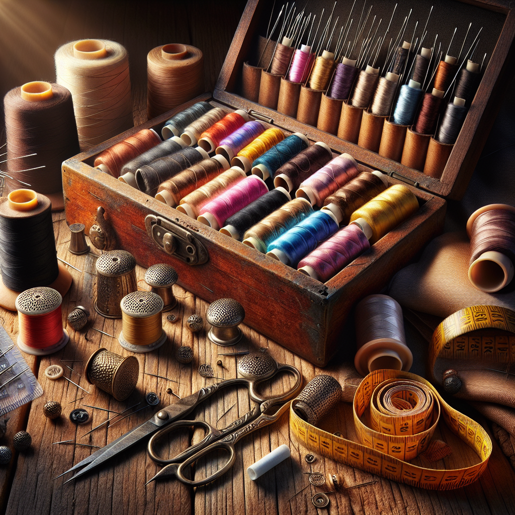 A collection of essential hand sewing tools including needles, thread, scissors, thimble, measuring tools, and fabric markers on a wooden workbench.