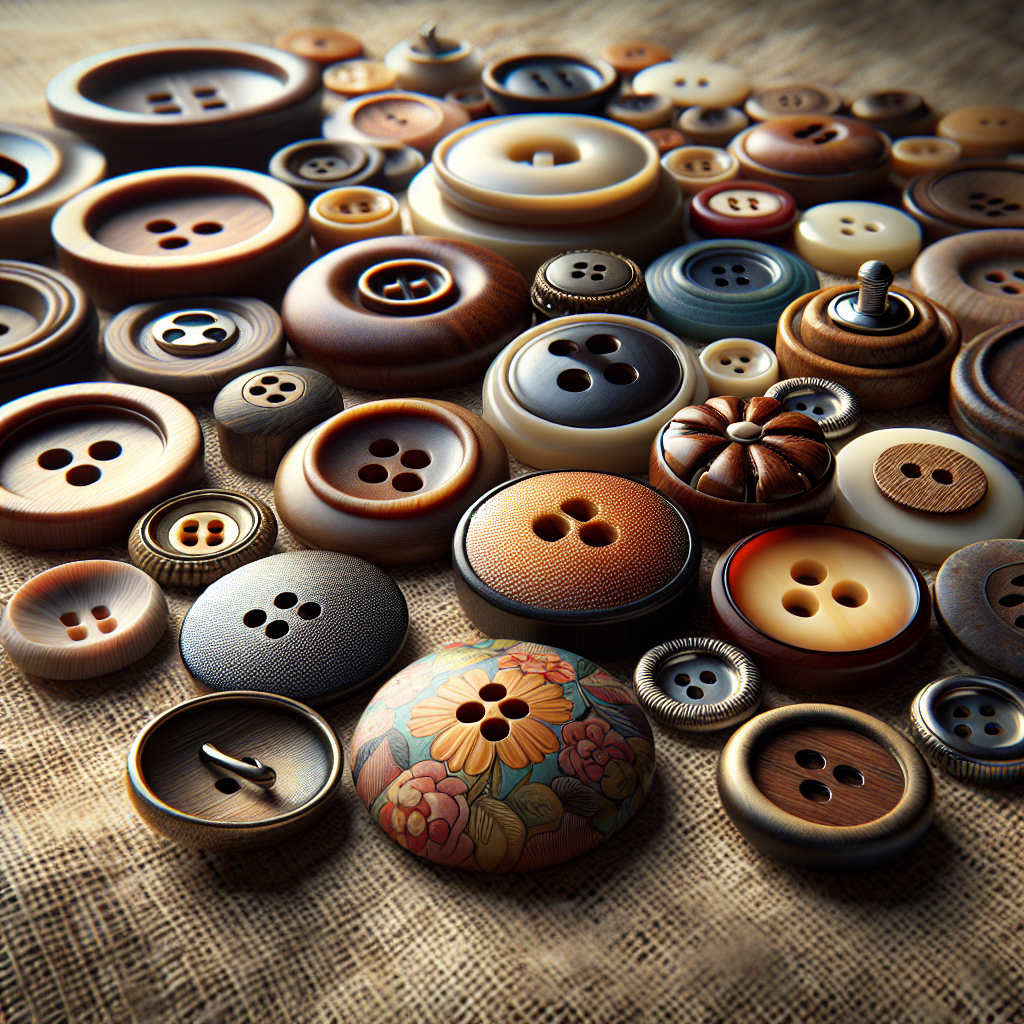 Various types of sewing buttons on a burlap background.