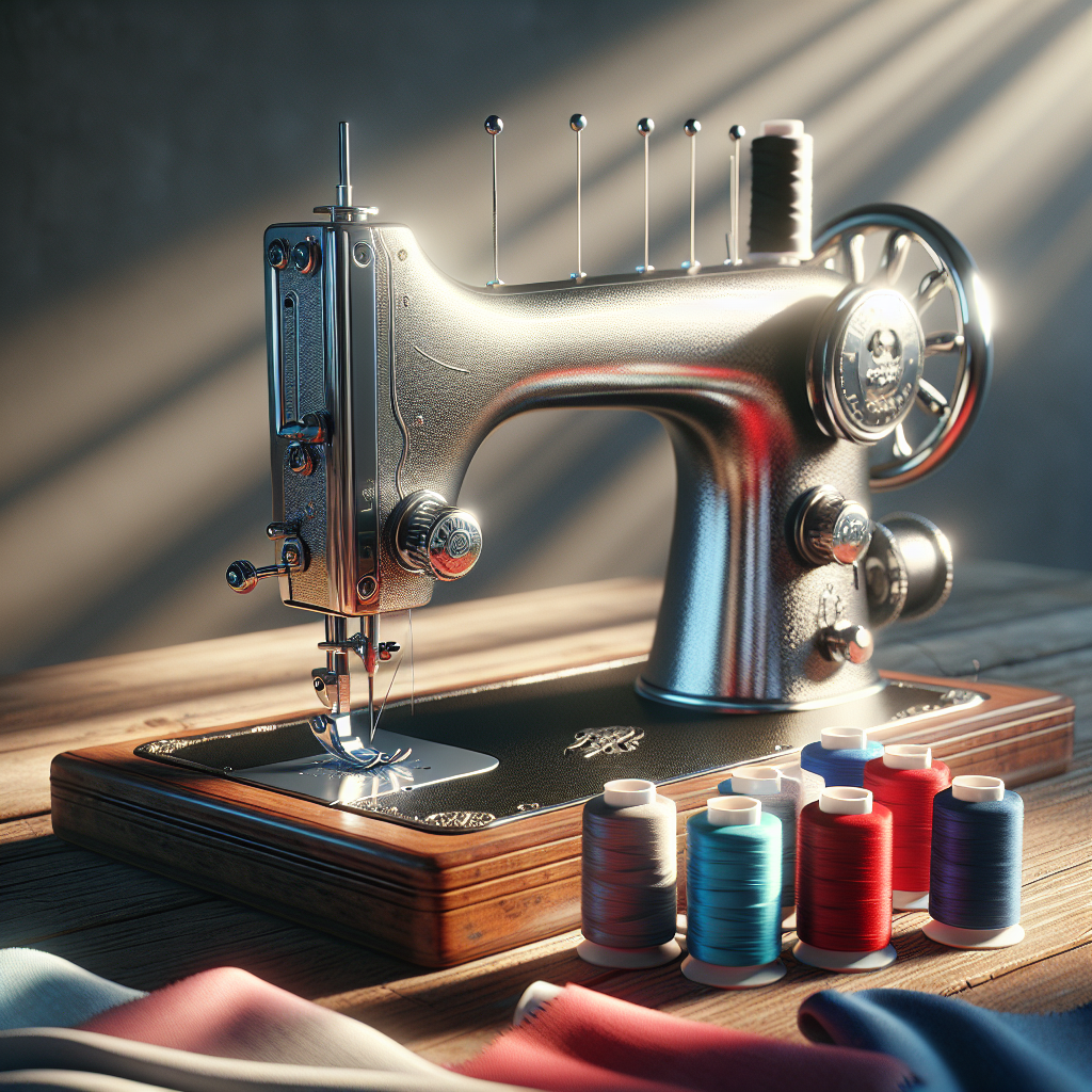 A sewing machine with colorful spools of thread on a wooden table in a softly lit workspace.