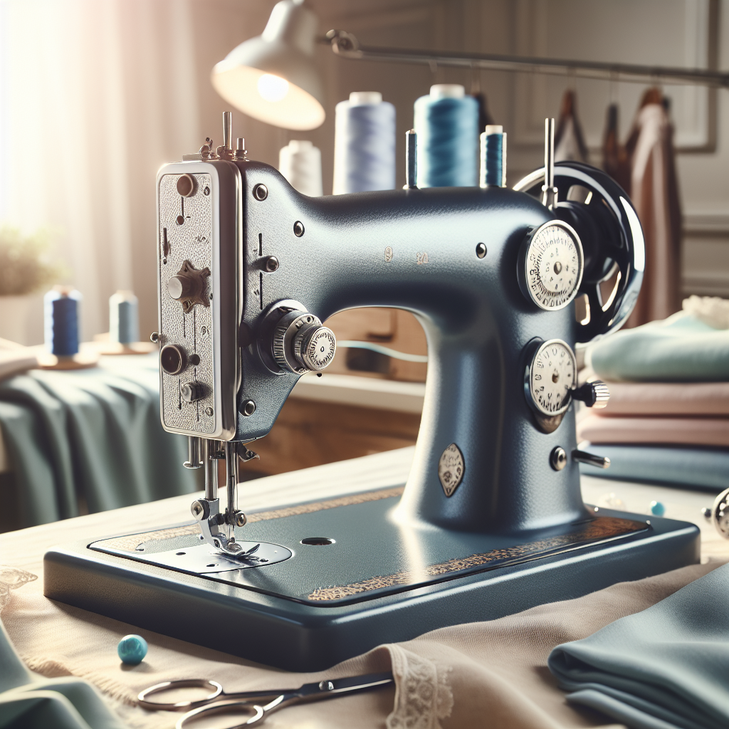 A sewing machine with a prominent tension dial in a bright sewing room.