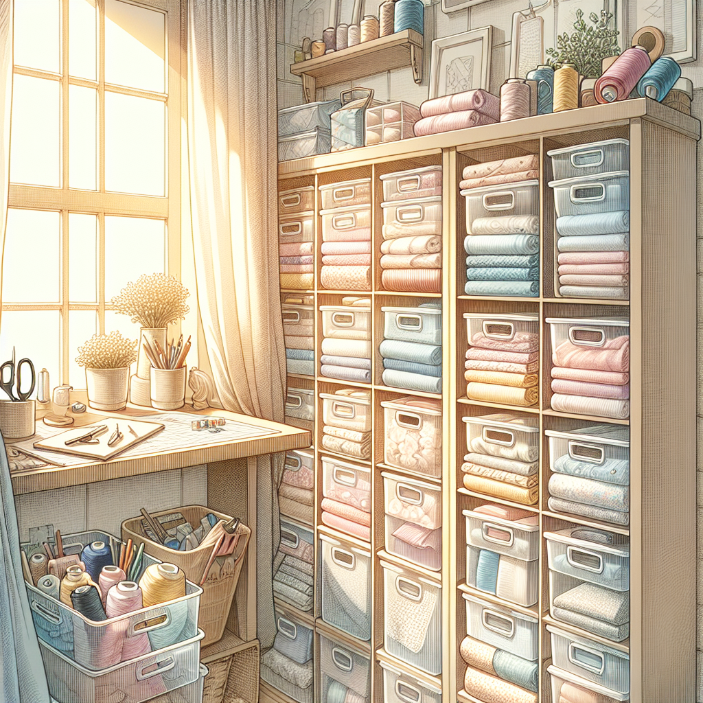 A well-organized fabric storage space with fabrics in pastel-colored boxes, illuminated by sunlight.