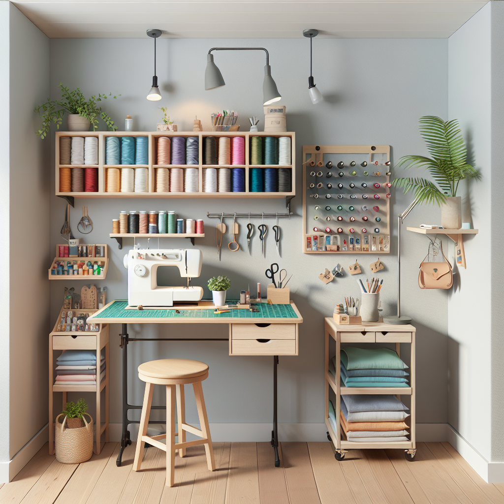 A small, organized sewing room with a multifunctional table, colorful fabric rolls, and bright task lighting.