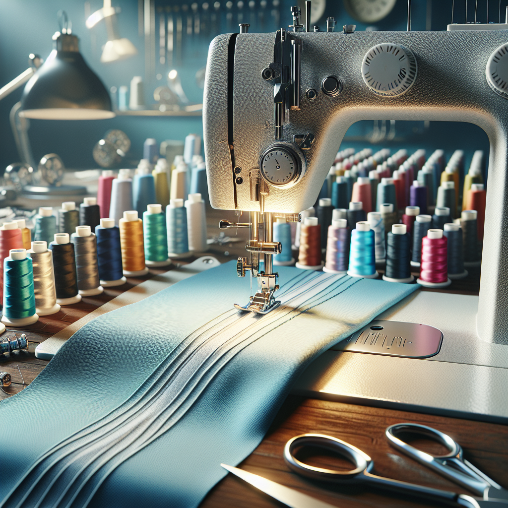 A sewing workspace with a sewing machine, colorful threads, and a fabric showcasing a straight seam.