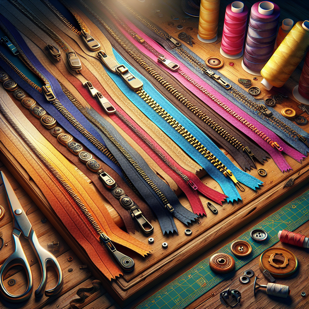 Various types of zippers and closures displayed on a wooden sewing table.