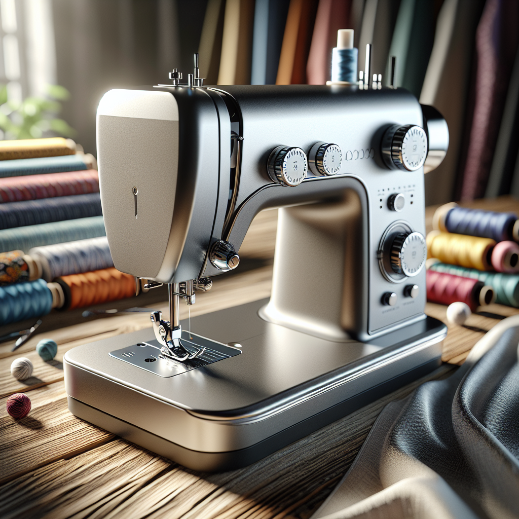 A modern sewing machine on a wooden table with colorful fabric swatches.