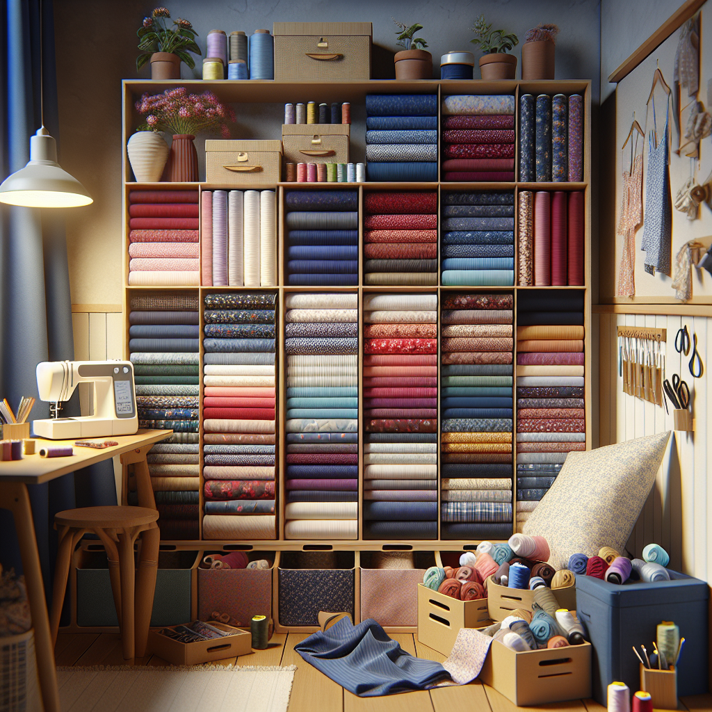 An organized fabric storage area with colorful fabrics and sewing tools.