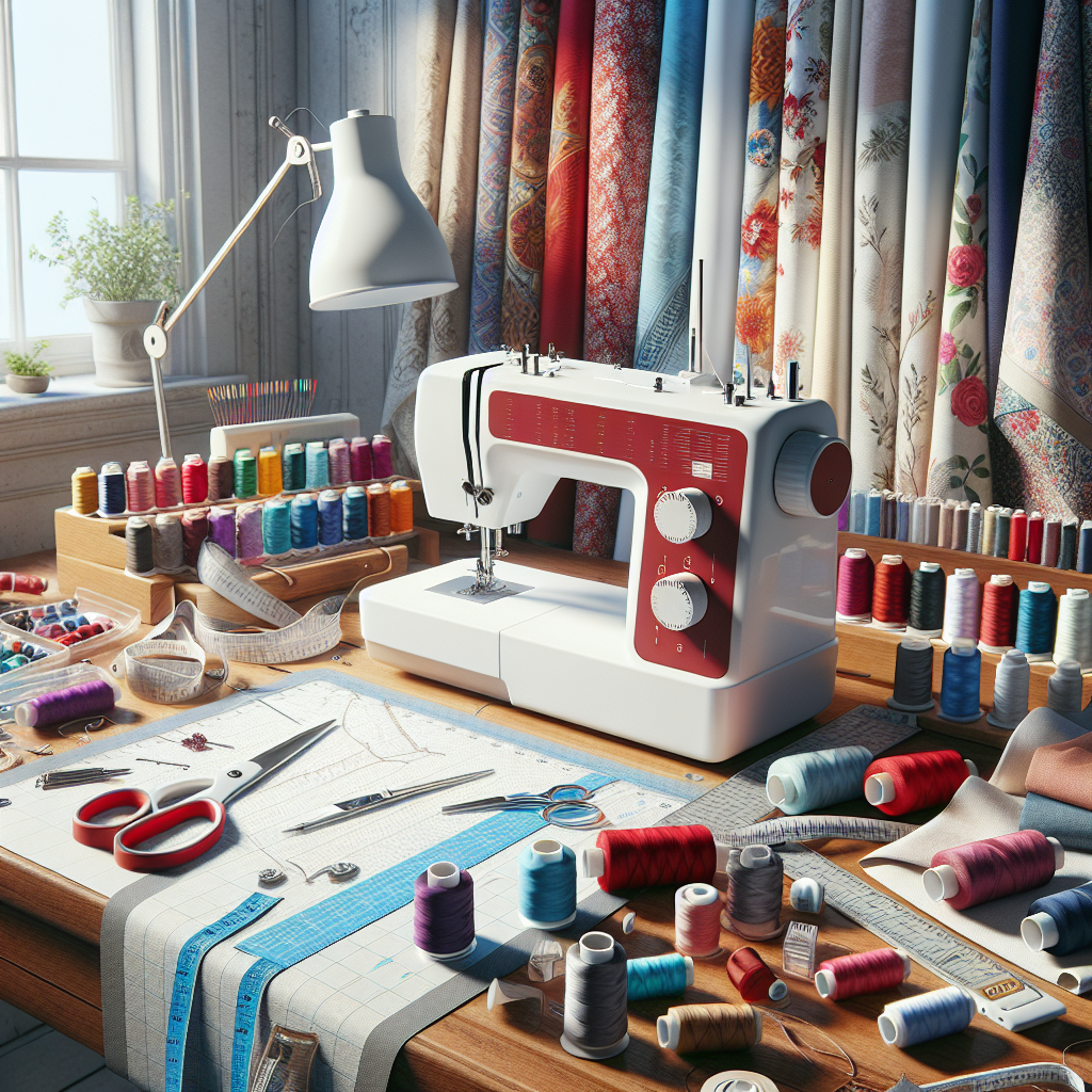 A sewing workspace with a sewing machine, colorful fabrics, spools of thread, and straight seams on a garment.