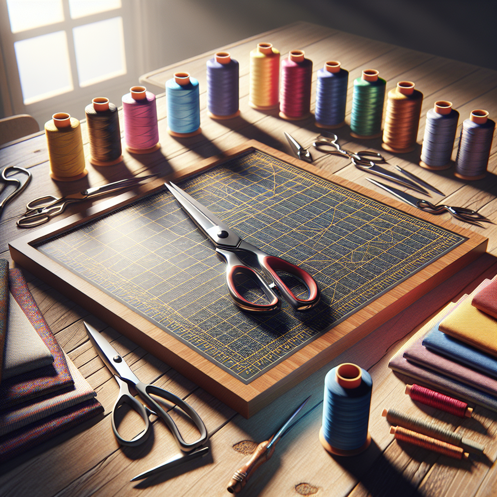 A sewing workspace with a cutting mat, scissors, colorful threads, and fabric pieces.