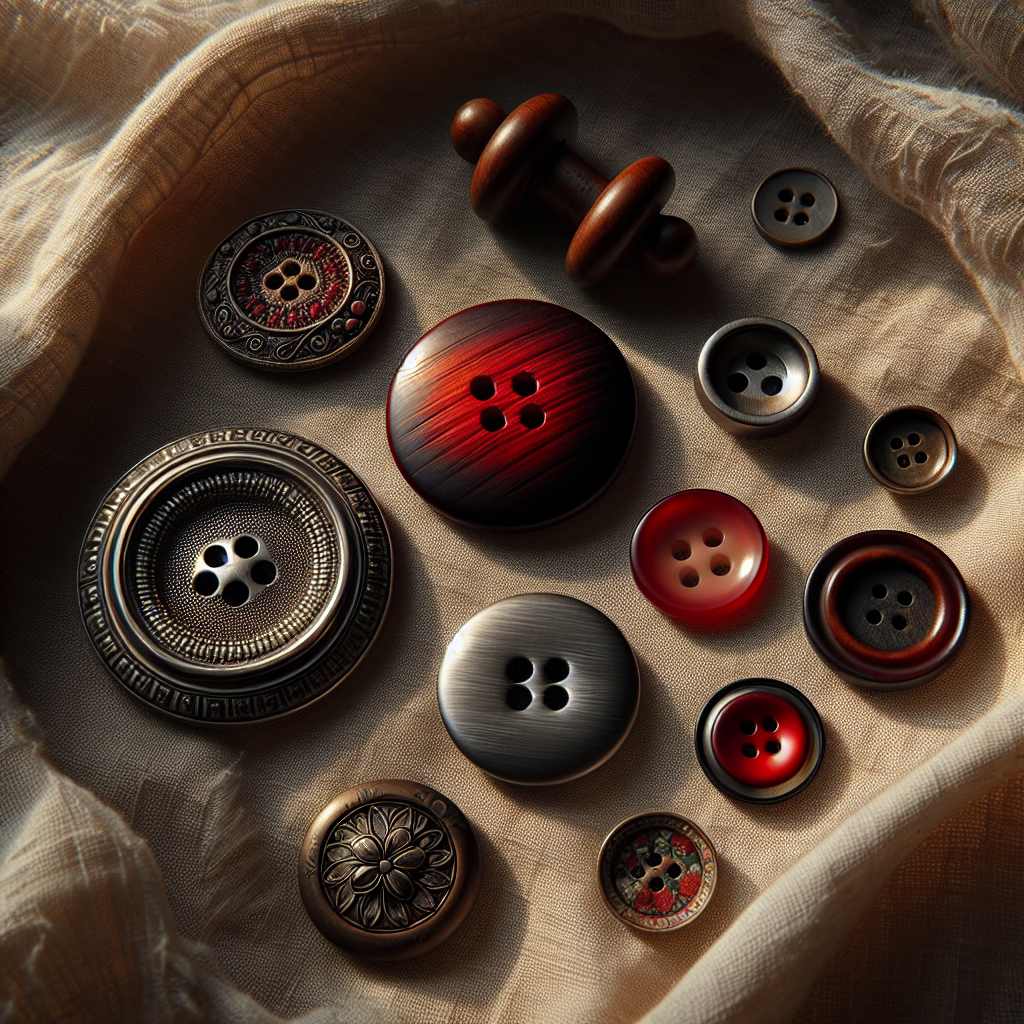 Five different types of buttons arranged on fabric: shank, flat, snap, toggle, and covered buttons.