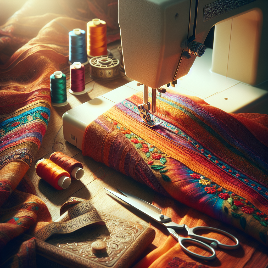 A close-up of a sewing workspace highlighting a perfectly sewn straight seam on vibrant fabric.