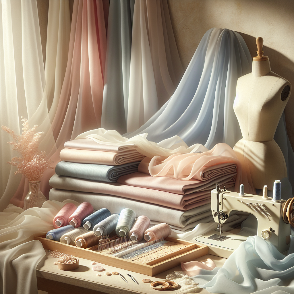 A collection of lightweight fabrics like chiffon and silk on a sewing table with a needle and sewing machine.