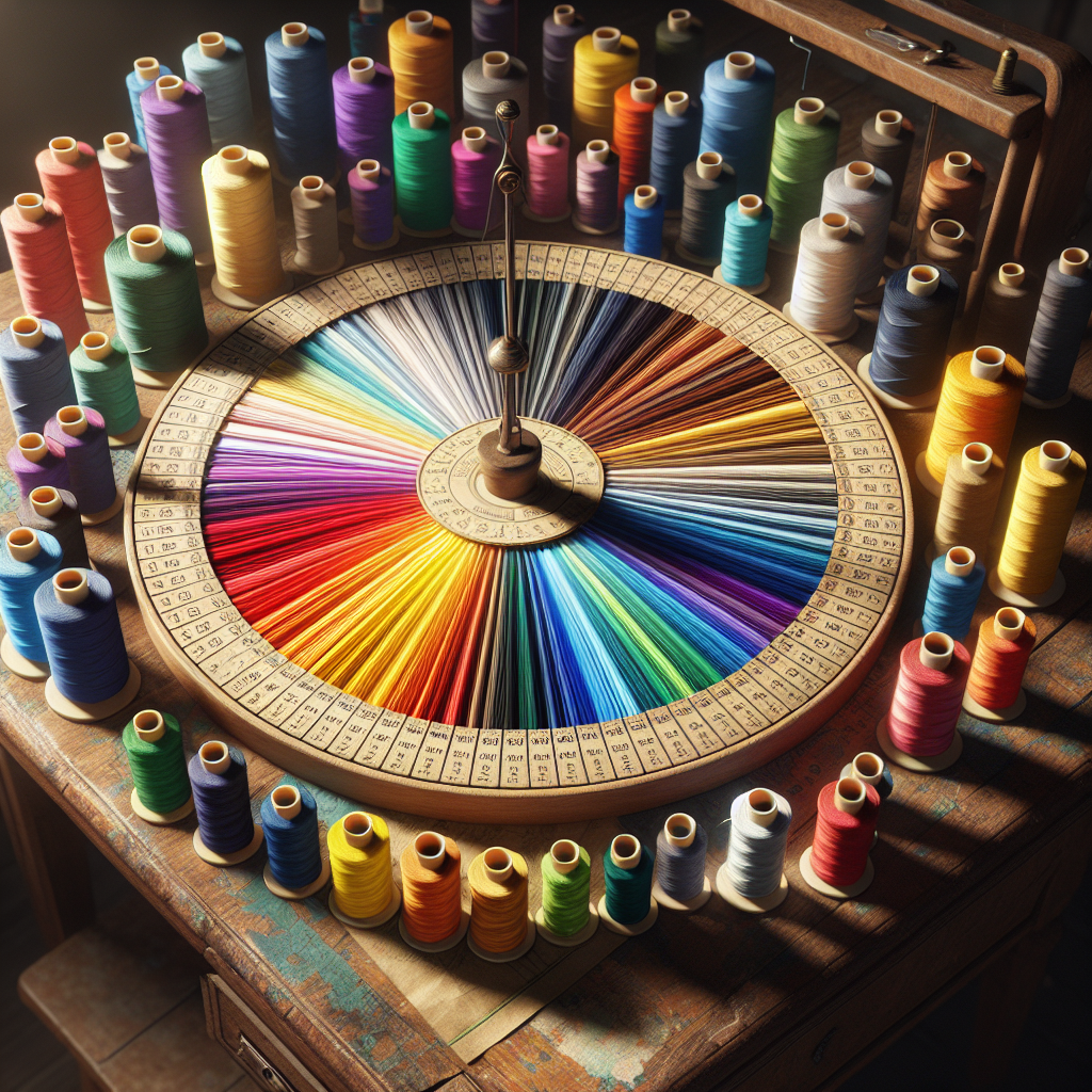 A color wheel surrounded by colorful spools of thread on a sewing table.